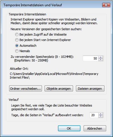 Bildschirmausschnitt von Cache-Ordner des Internet Explorer