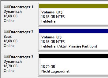 Volume E mit der Anfangsgröße von 18,68 GB