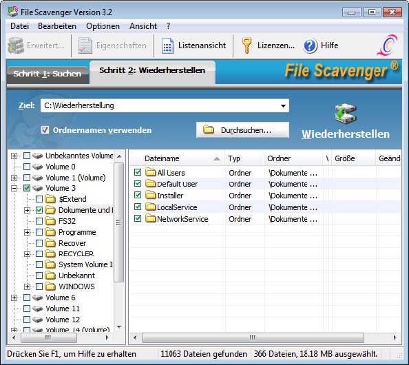 Dateien sollen in den Ordner Wiederherstellung auf Laufwerk C wiederhergestellt werden.