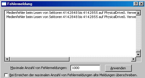 Fehlermeldungen bei fehlerhaften Plattenbereichen