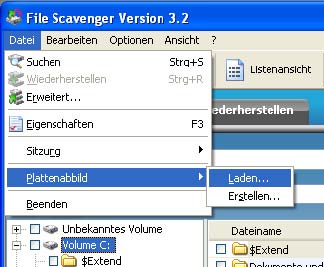 Befehle zum Laden eines Plattenabbilds zur Verwendung mit File Scavenger®