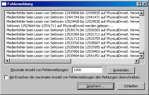 Fehlermeldungen werden in einem eigenen Fenster angezeigt