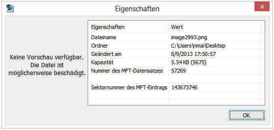 Nicht wiederherstellbare Bilddatei im Vorschaumodus